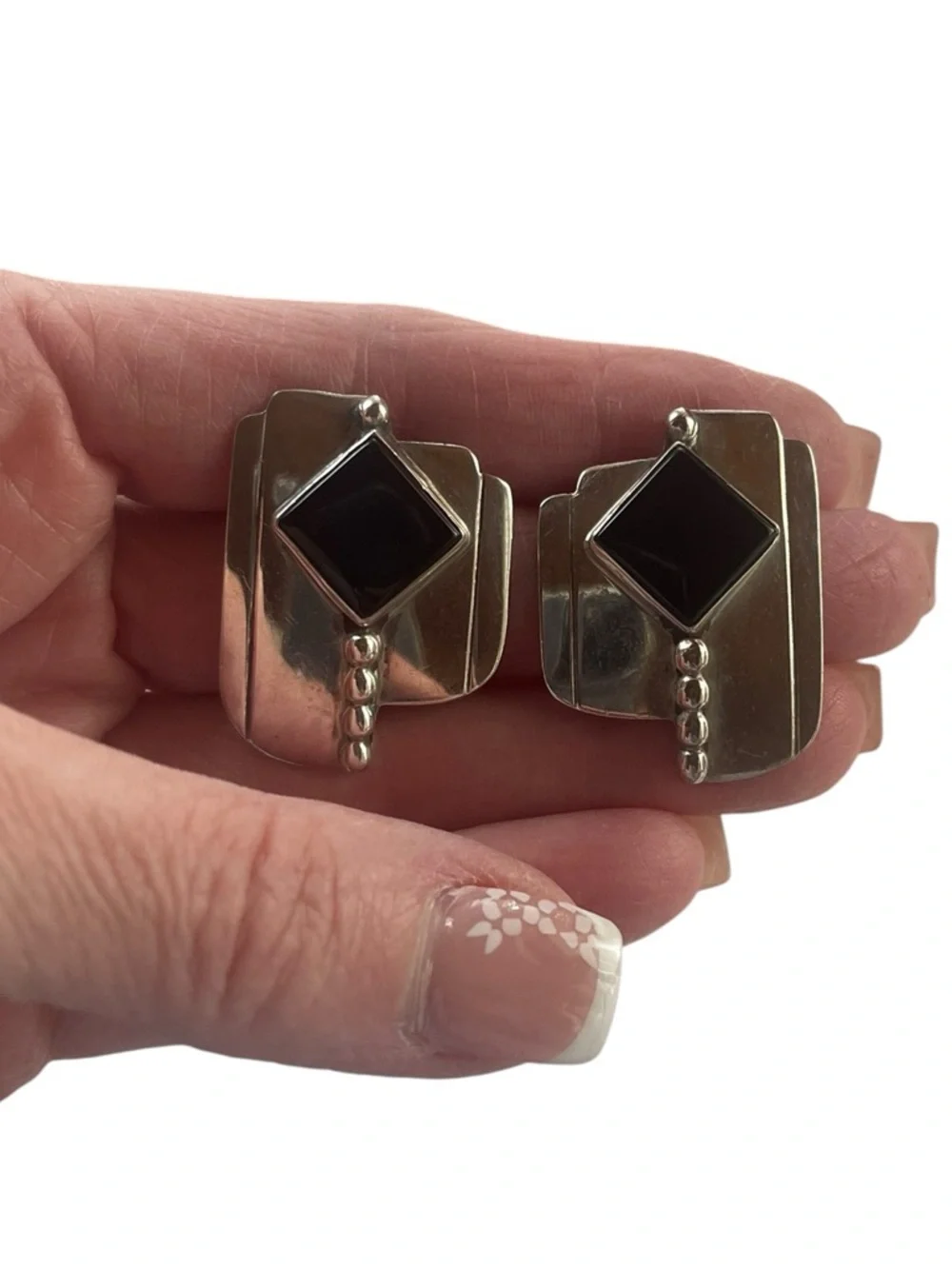 Modernist Sterling Silver Black Onyx Geometric Earrings Bold Statement